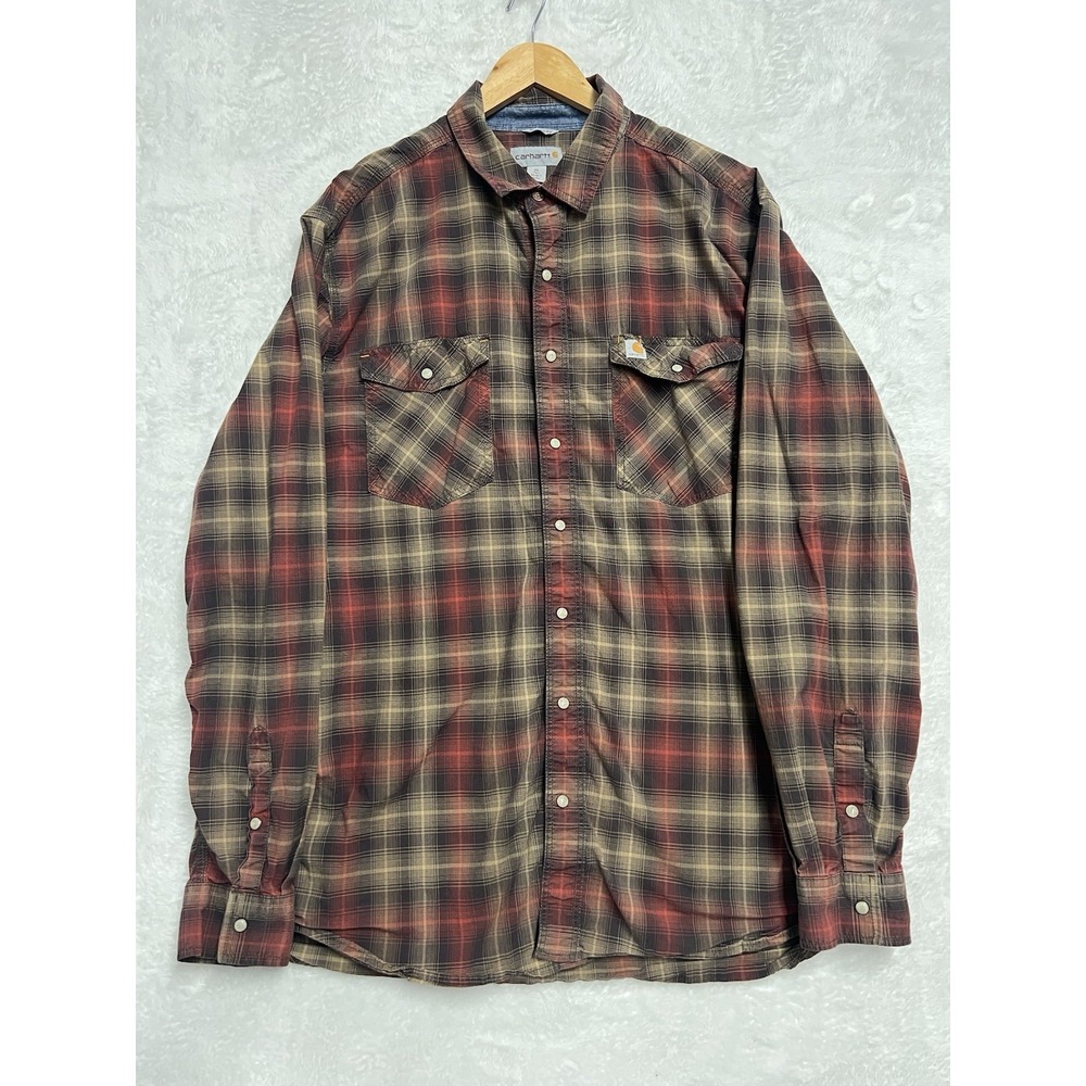 Carhartt Rugged Flex Pearl Snap Plaid Shirt Men XL Tall Red Brown Relaxed Fit